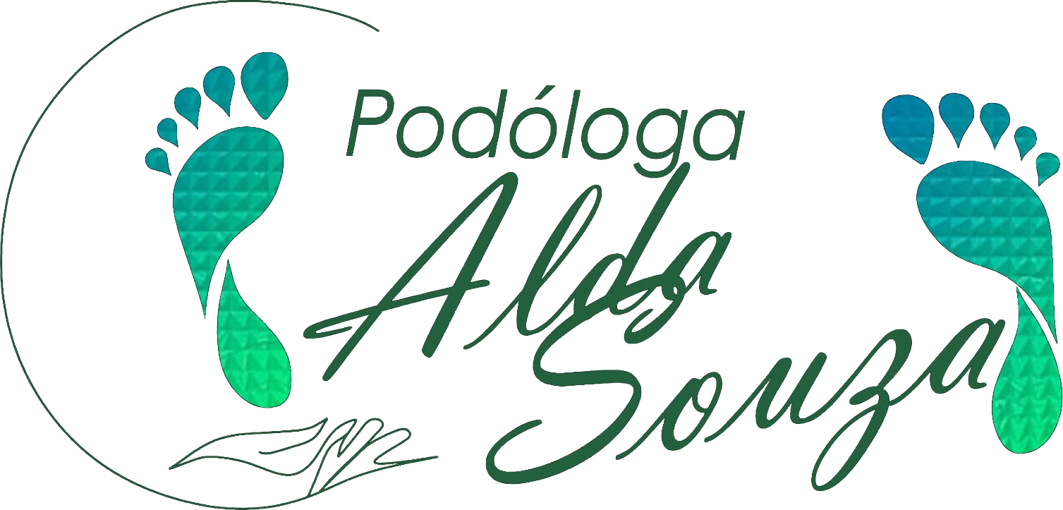 Logo Podóloga Alda Souza: duas pegadas em degradê azul e verde